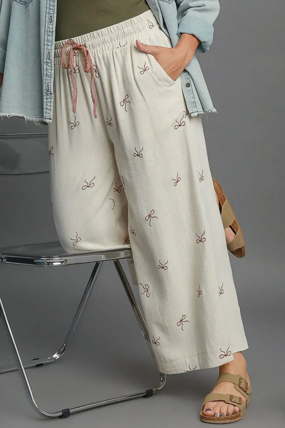 Umgee Full Size Lace Drawstring Embroidered Bow Wide Leg Pants Plus Size - Fashorio