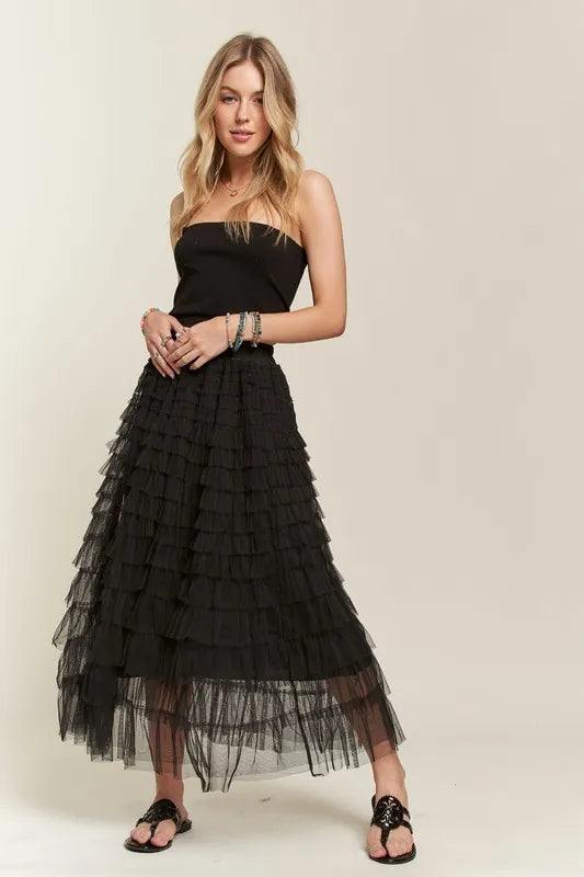 ADORA Elastic Waist Layered Mesh Midi Skirt - Fashorio
