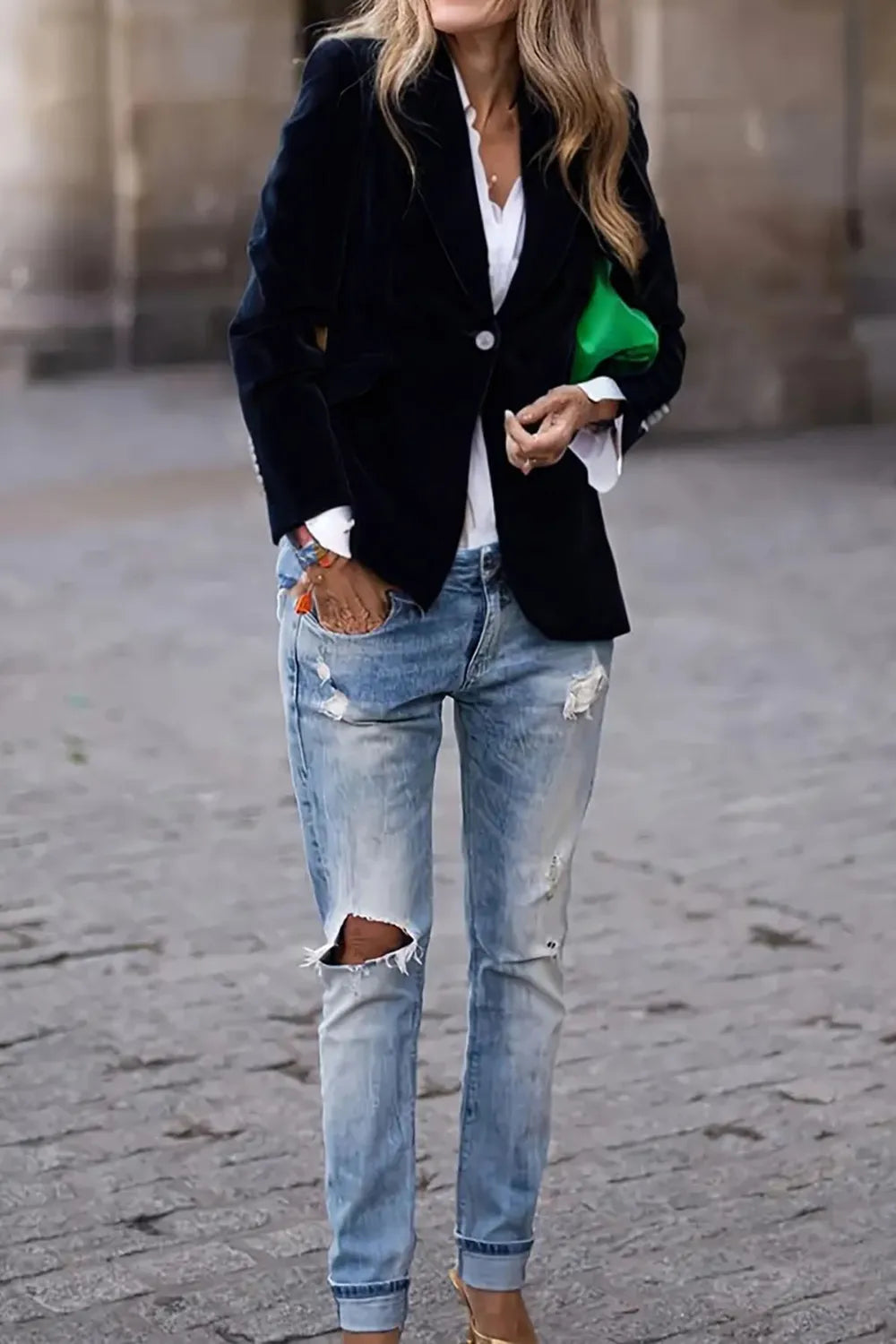One Button Lapel Collar Long Sleeve Blazer - Fashorio