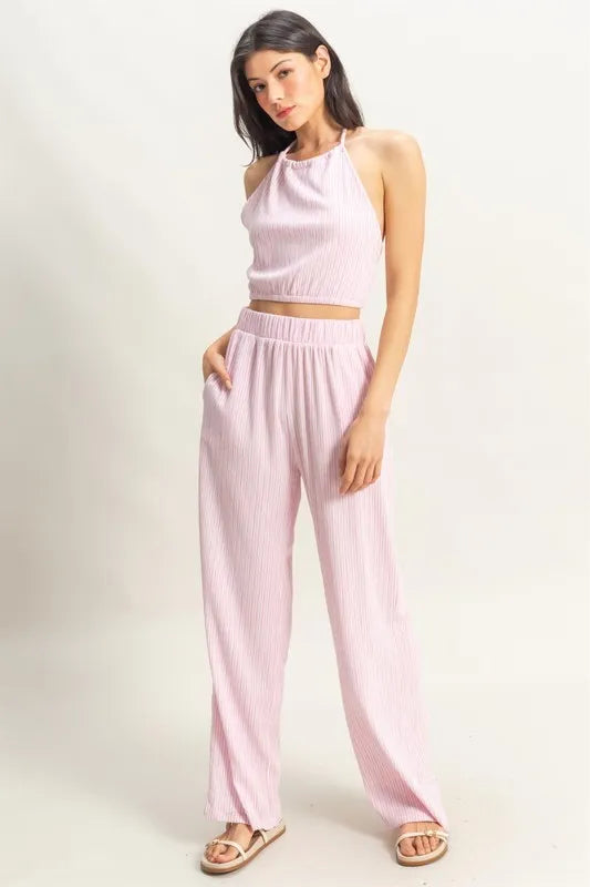 HYFVE Striped Halter Neck Top and Pants Set PINK WHITE - Fashorio