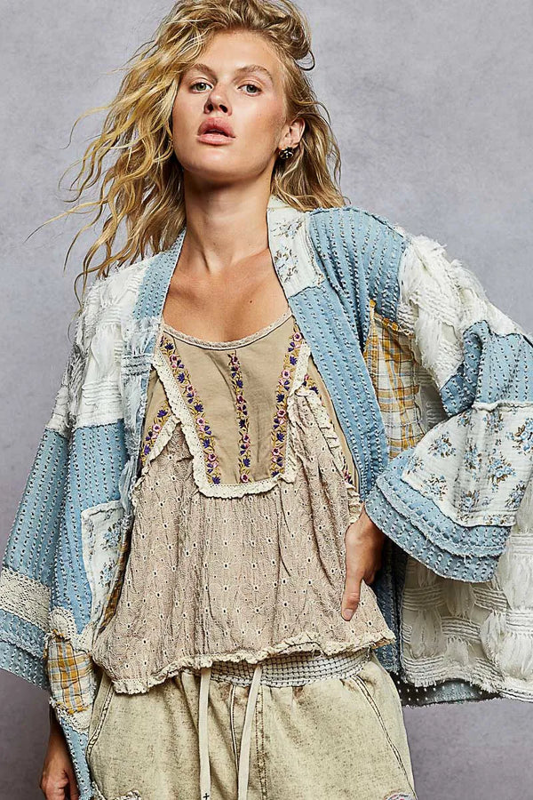 POL Floral Patches Open Front Cardigan Sky Blue - Fashorio