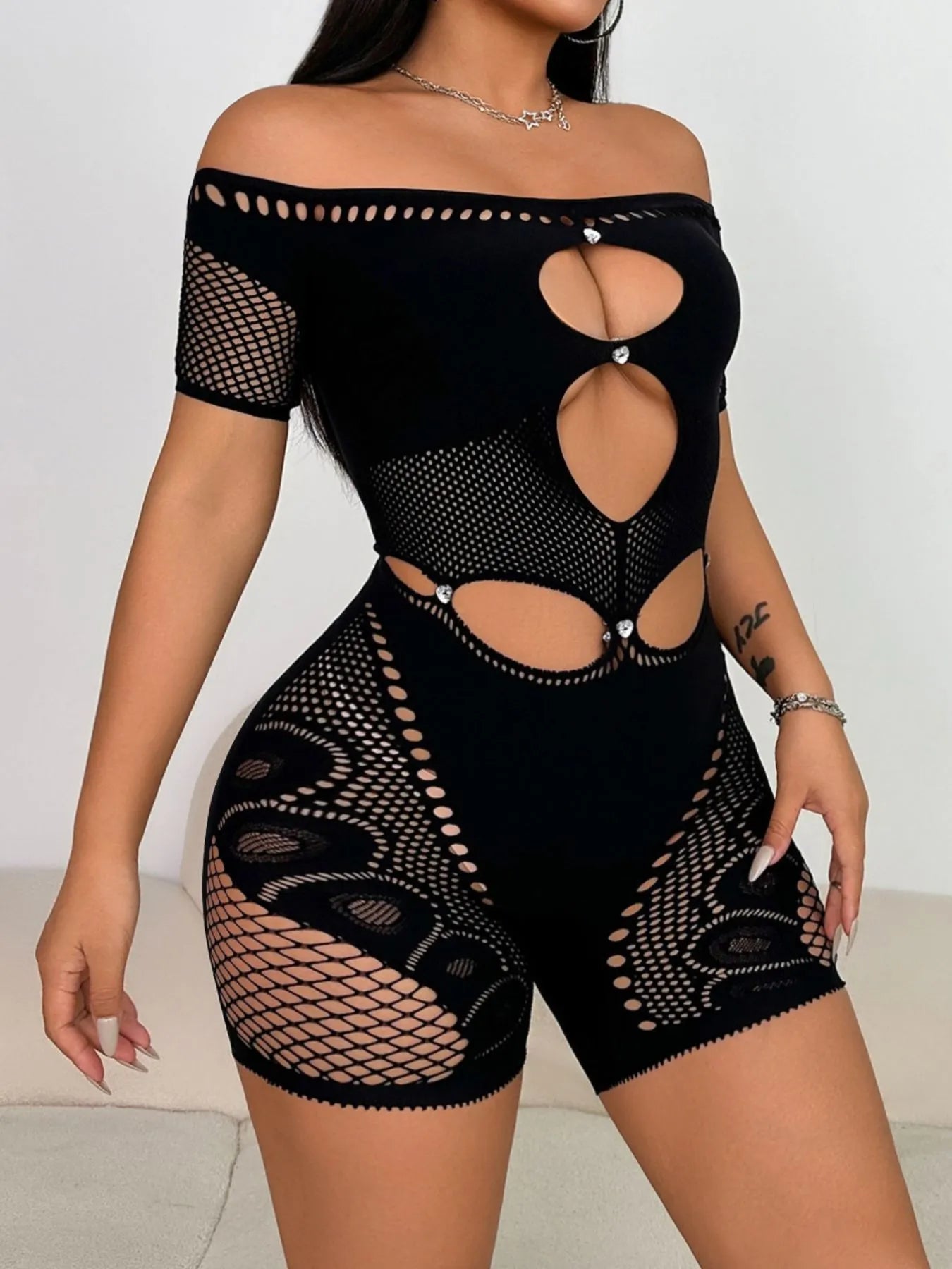 Cutout Off Shoulder Fishing Net Romper - Fashorio