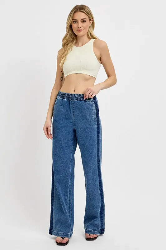 RISEN Plus Size Elastic Waist Wide Leg Jeans – Relaxed Fit Denim - Fashorio