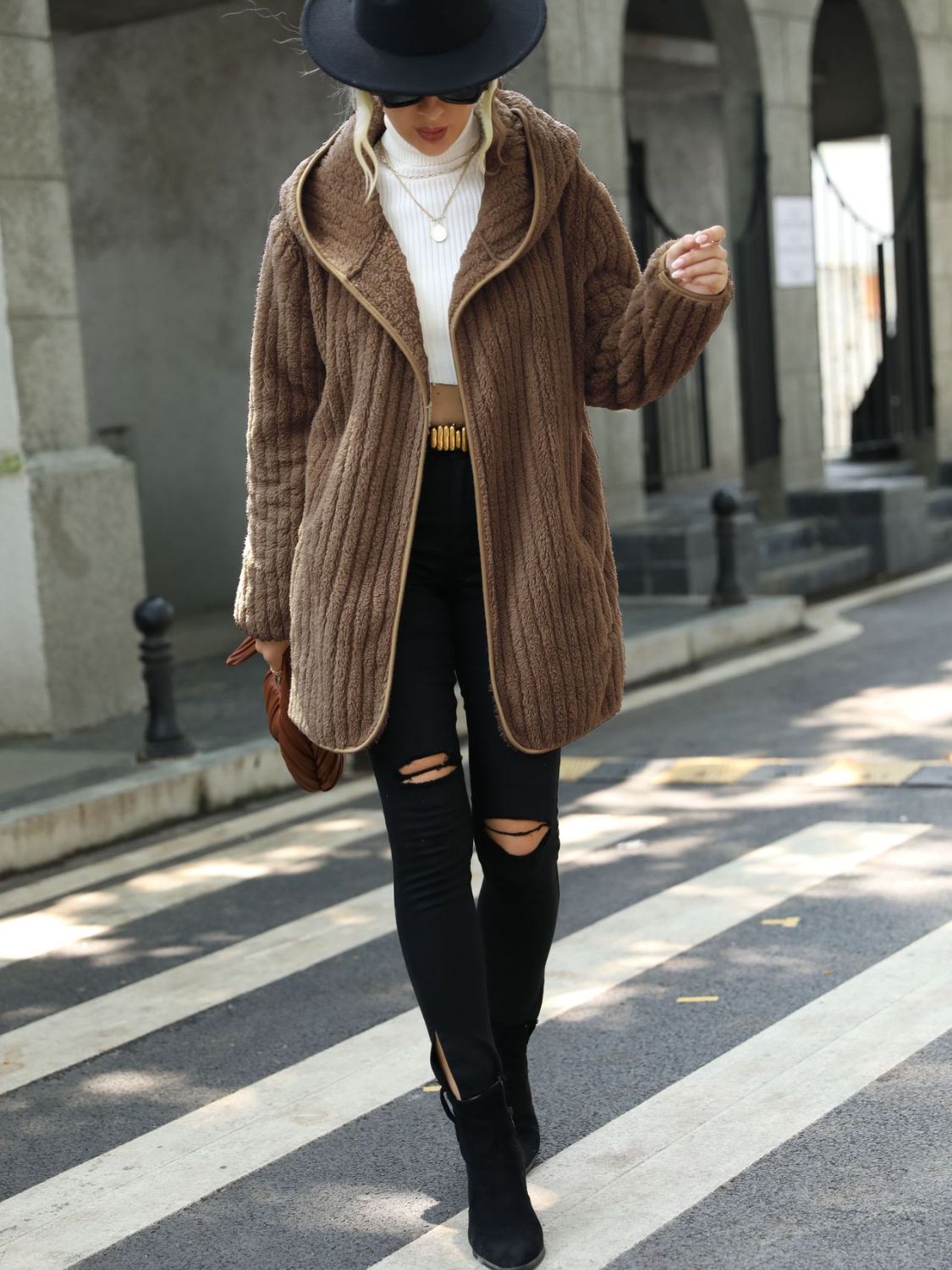 Open Front Ribbed Hooded Coat - Fashorio