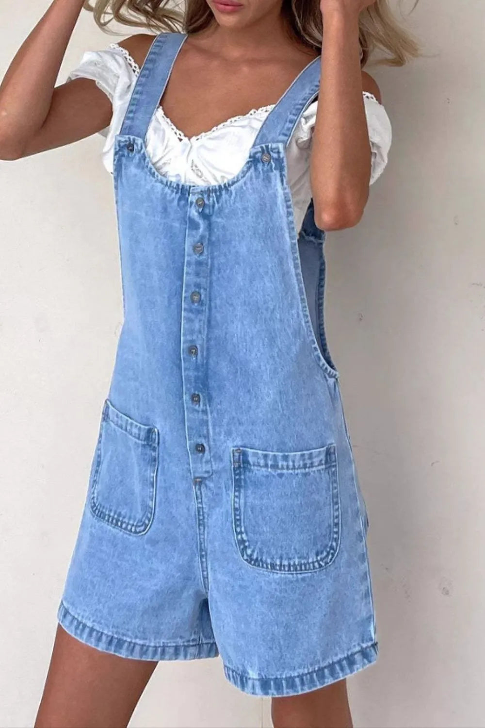 Button Front Denim Overall Shorts with Front Pockets - Fashorio