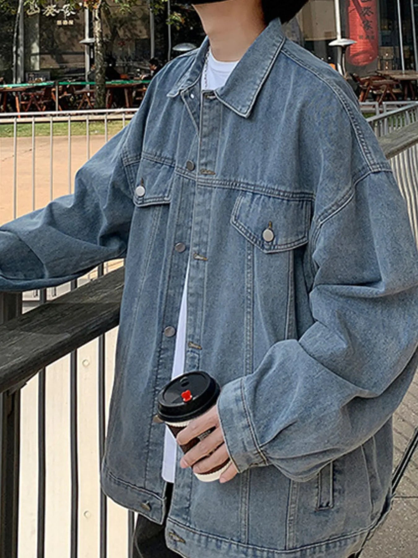 Men's Full Size Button Up Long Sleeve Denim Jacket Plus Size Blue - Fashorio