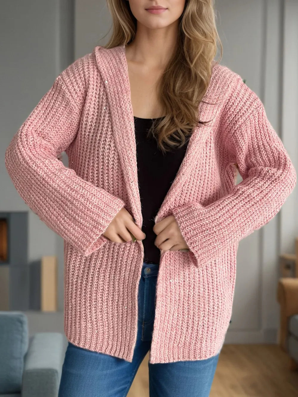 Sequin Detail Long Sleeve Hooded Cardigan - Fashorio