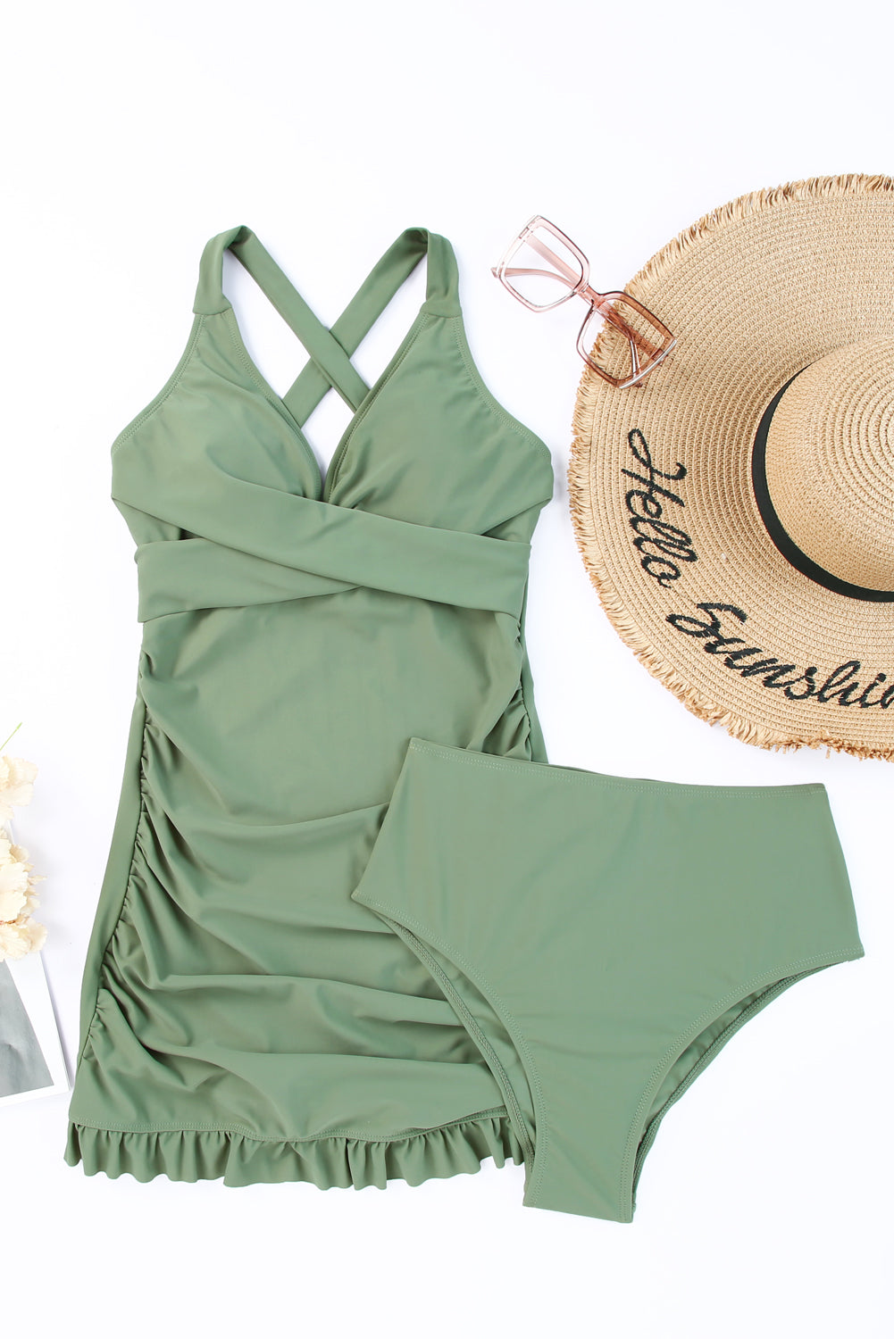 Tie Back Sleeveless Swim Dress and Bottoms Set - Fashorio