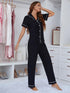 Contrast Piping Lapel Collar Short Sleeve Top and Pants Pajama Set - Fashorio