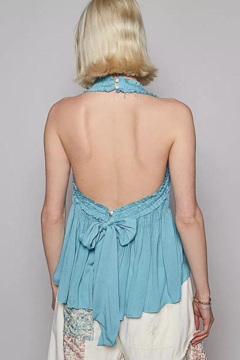 POL Backless Halter Sleeveless Top with Smocking Shirring Detail - Fashorio