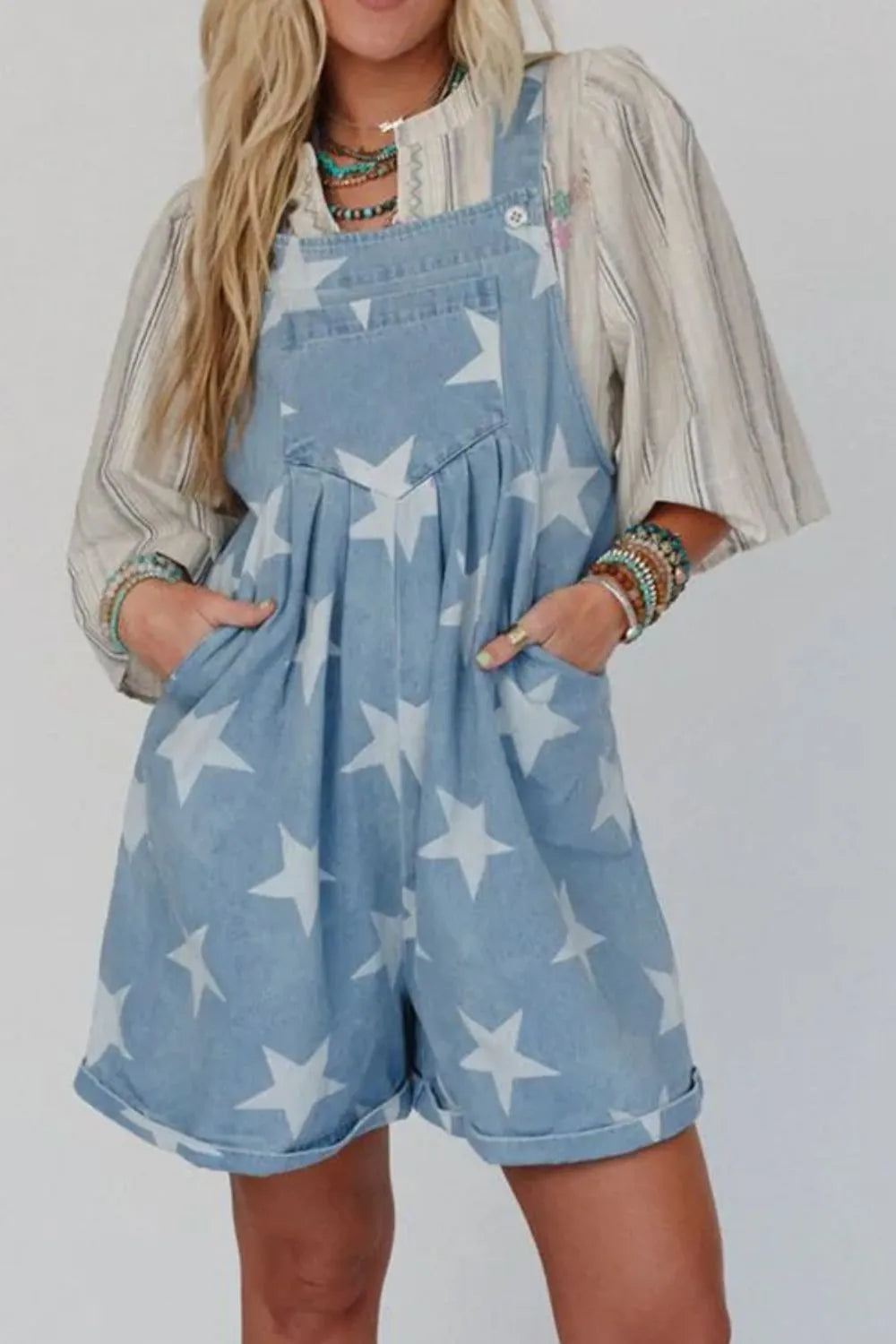 Star Print Square Neck Denim Overalls - Fashorio