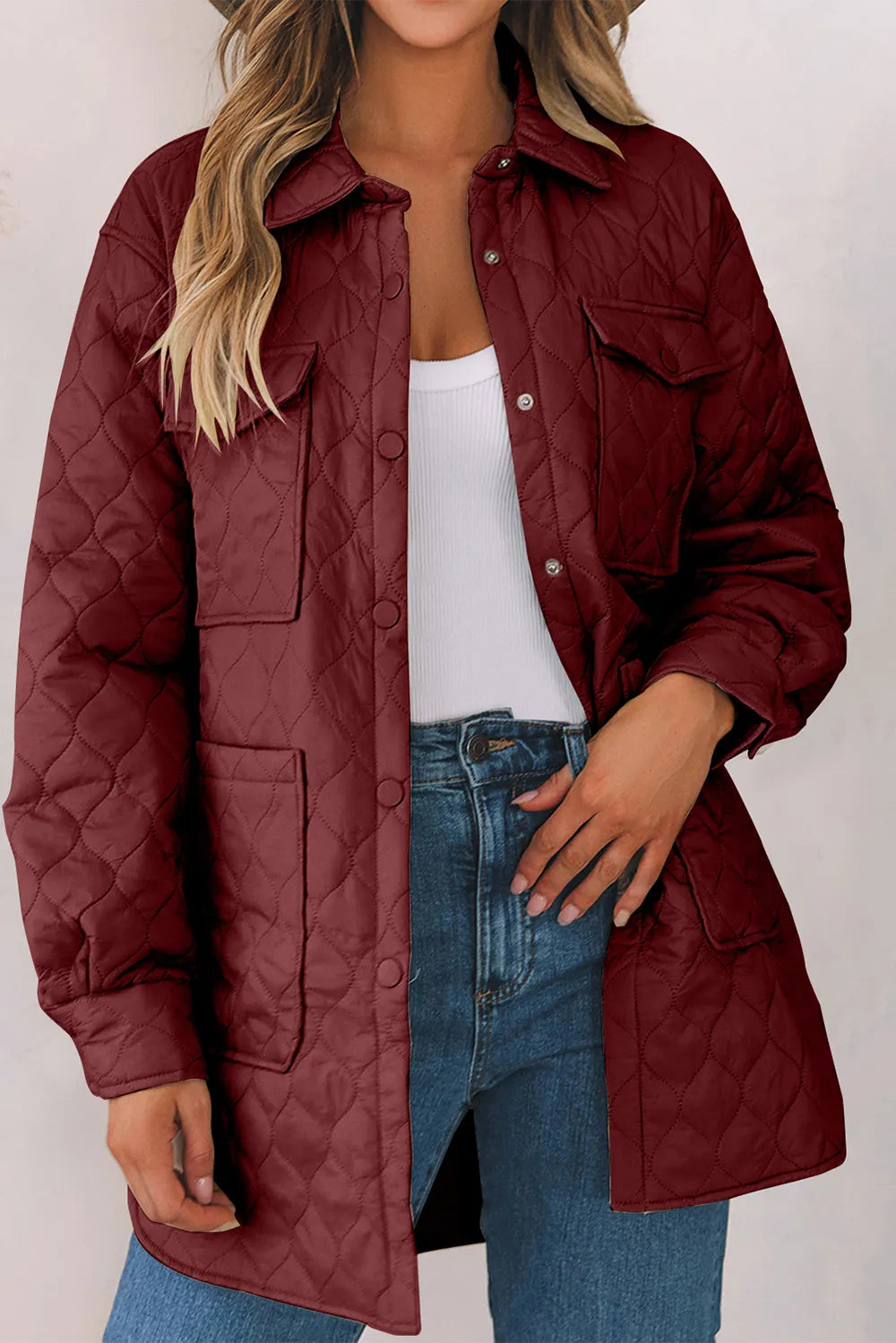 Snap Down Collared Winter Coat Burgundy - Fashorio