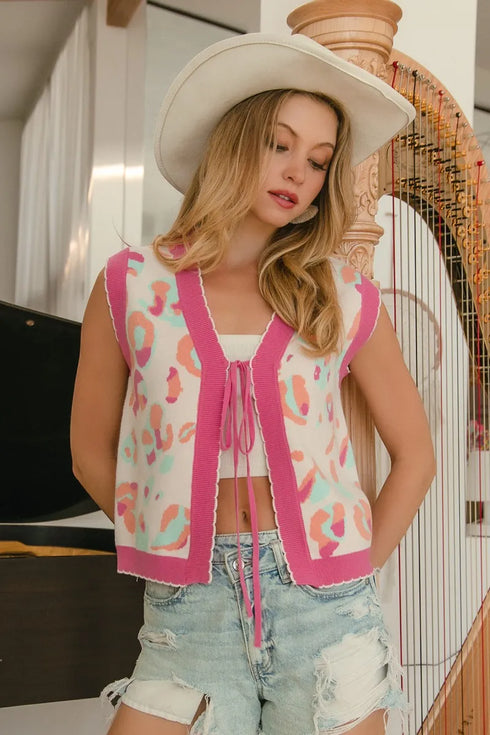 BiBi Leopard Sweater Vest With Front Tie and Scallop Detail - Fashorio