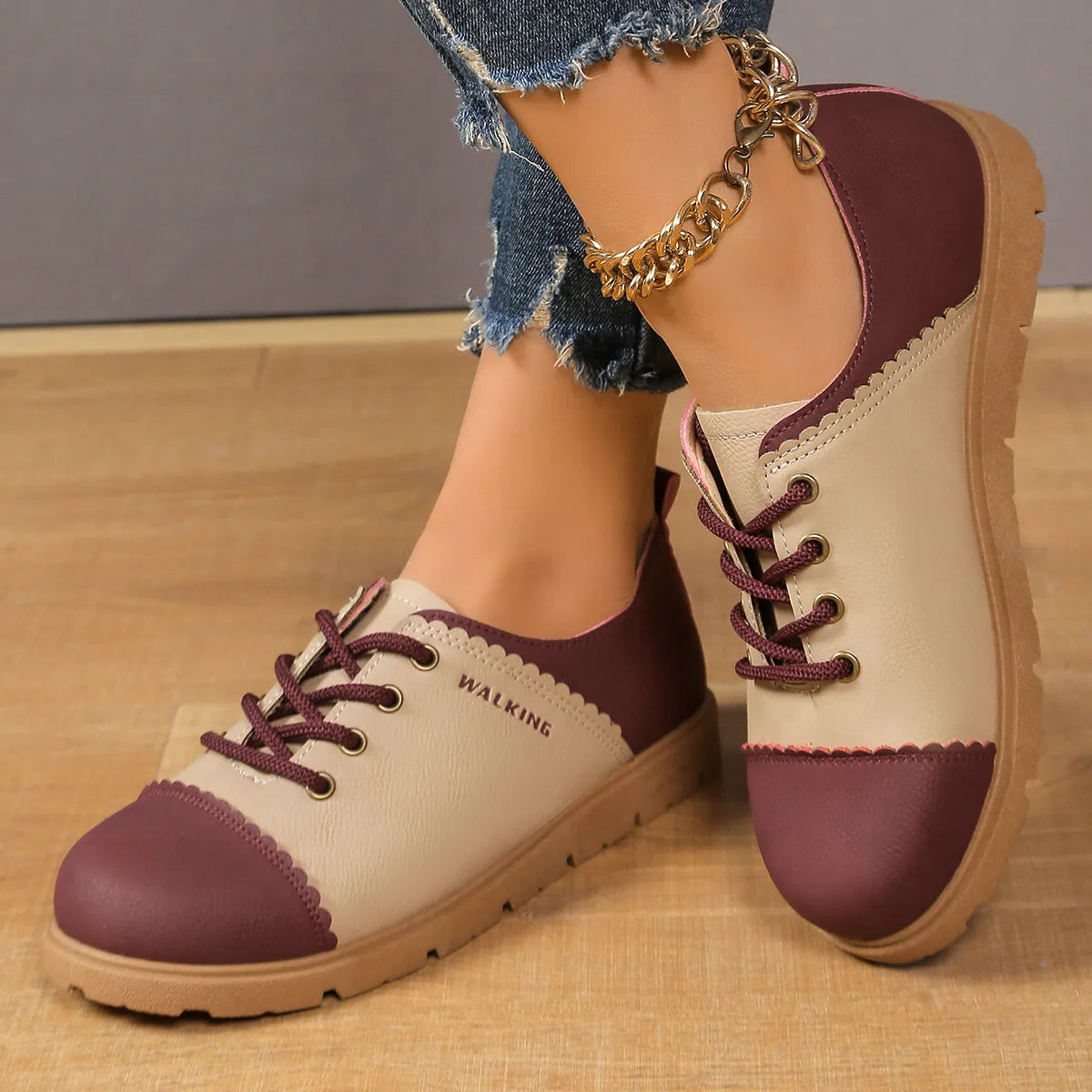 Color Block Lace Up Sneakers Burgundy - Fashorio