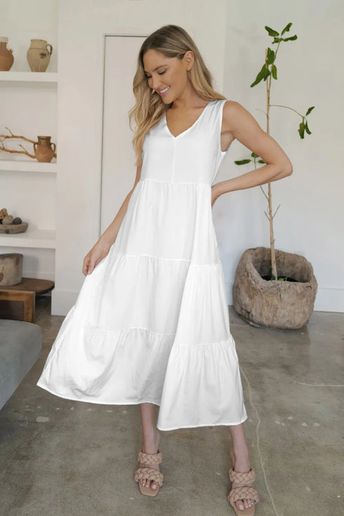 FAM-FAM Tiered V-Neck Sleeveless Dress White - Fashorio
