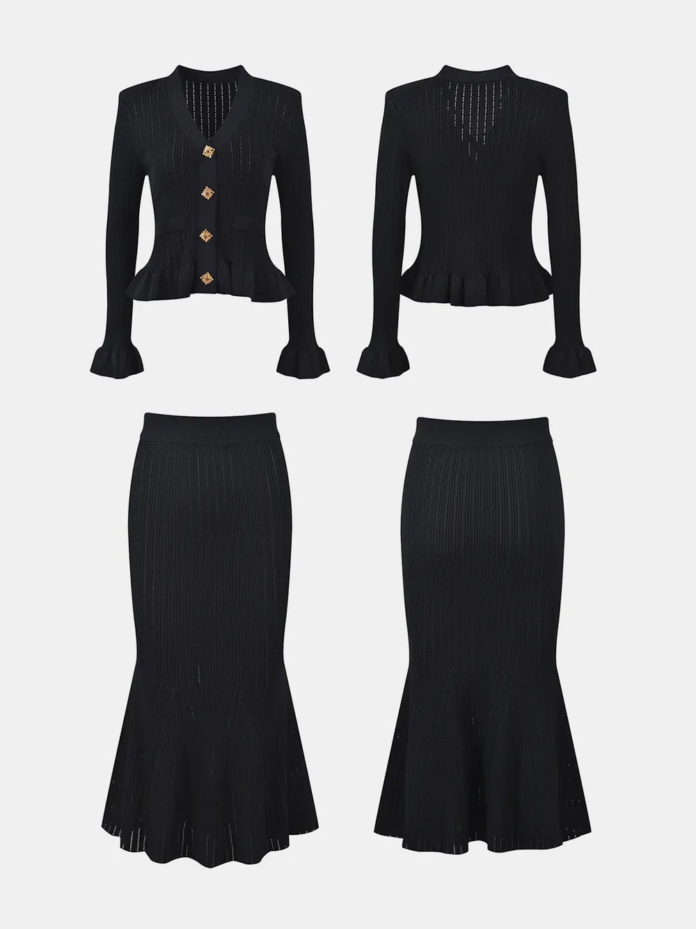 Ruffled V-Neck Top and Midi Skirt Sweater Set - Fashorio