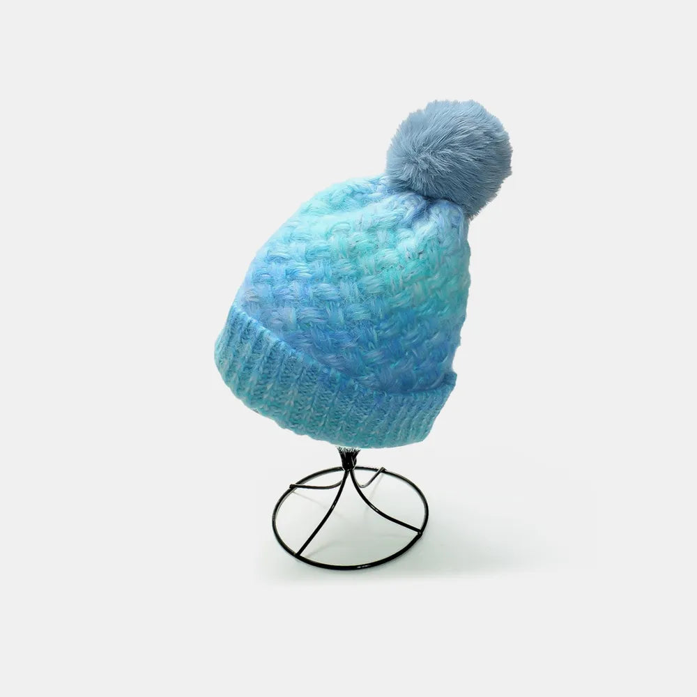 Gradient Knit Hat with Pompom Pastel Blue One Size - Fashorio
