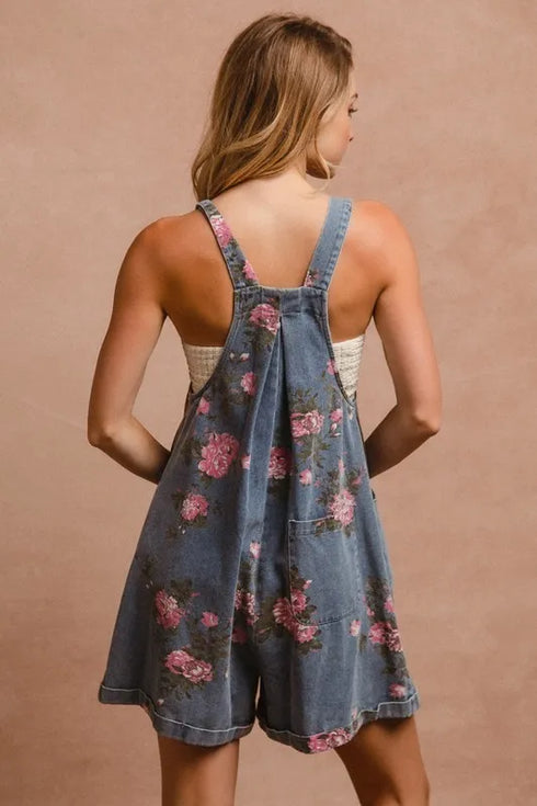 BiBi Flower Printed Wide Strap Denim Overalls - Fashorio