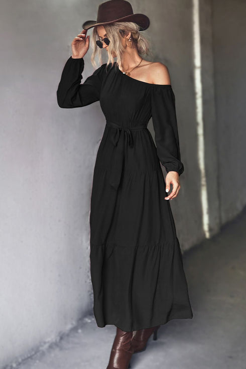 Belted One-Shoulder Tiered Maxi Dress - Fashorio