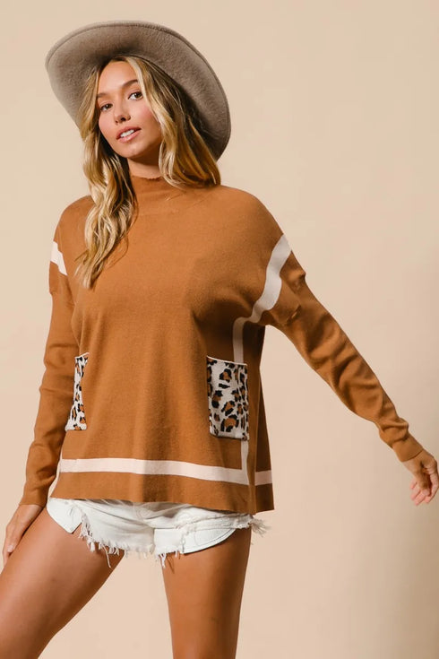 BiBi Mock Neck Sweater with Leopard Pocket - Fashorio