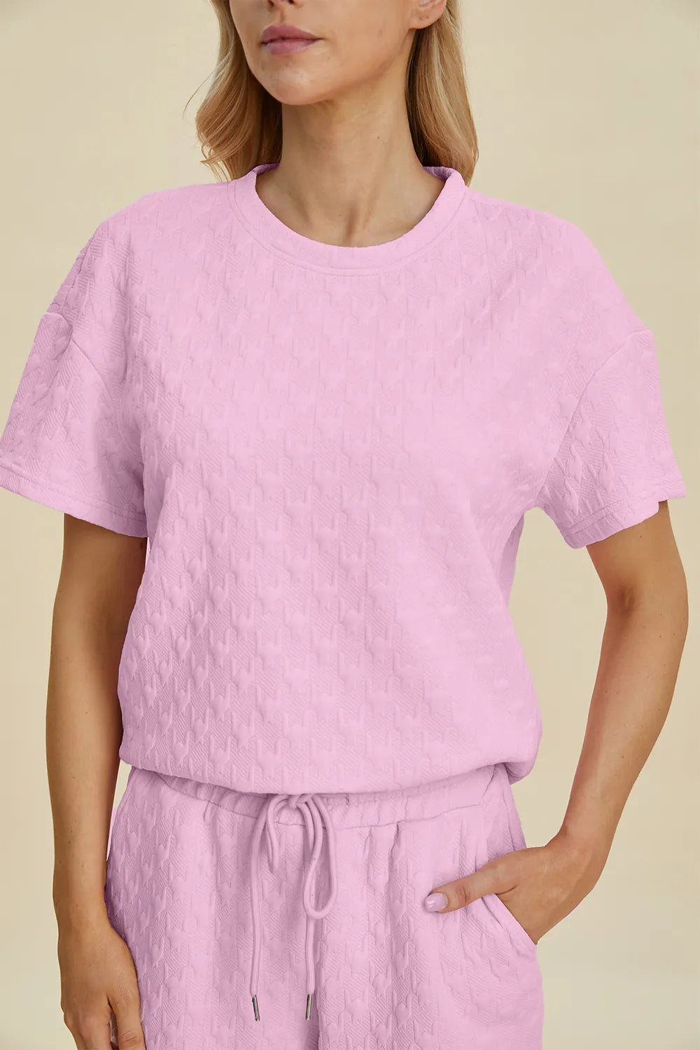 Double Take Full Size Texture Round Neck Short Sleeve Top and Pants Set - Fashorio
