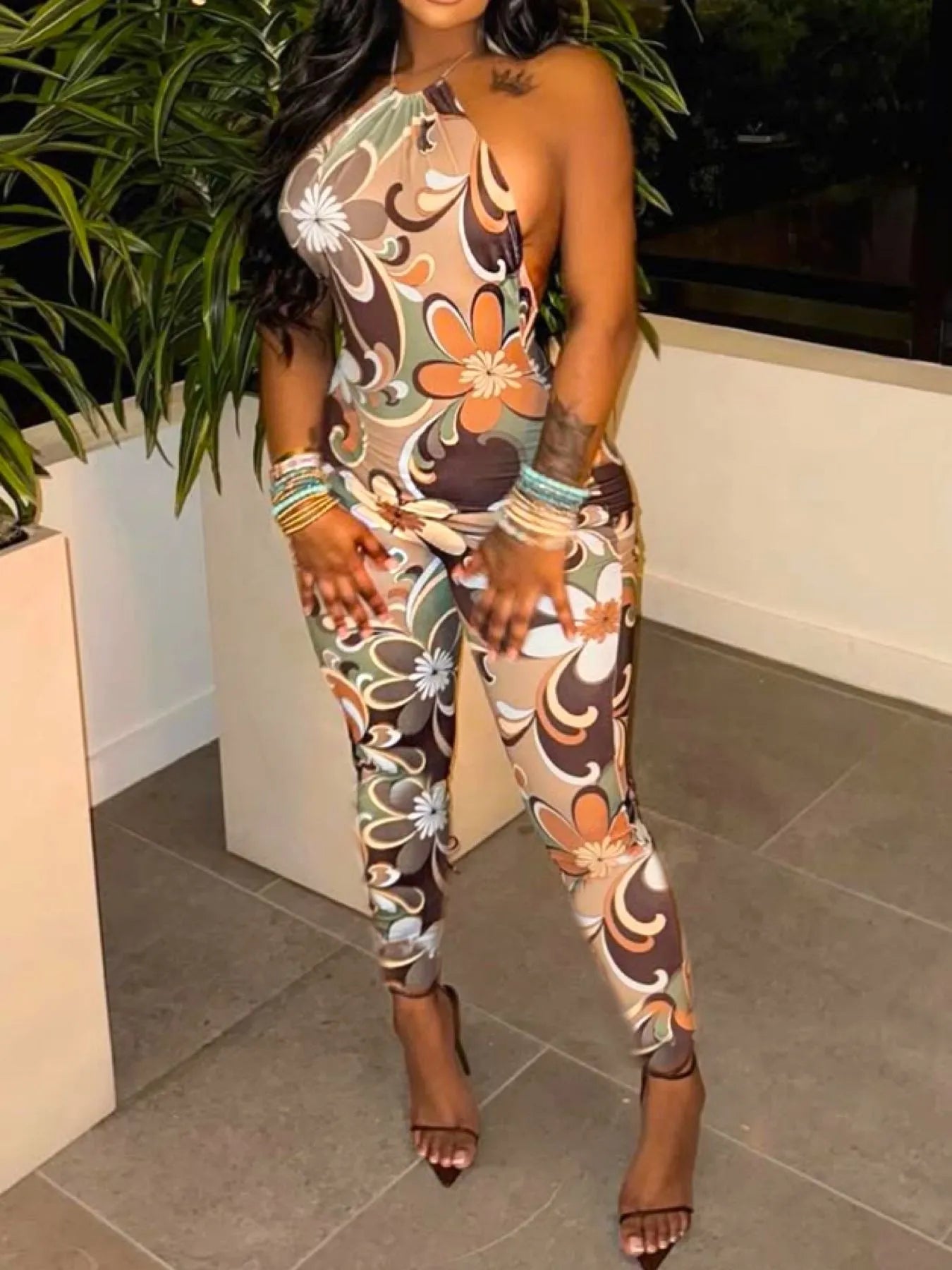 Tropical Print Halter Neck Bodycon Jumpsuit - Fashorio