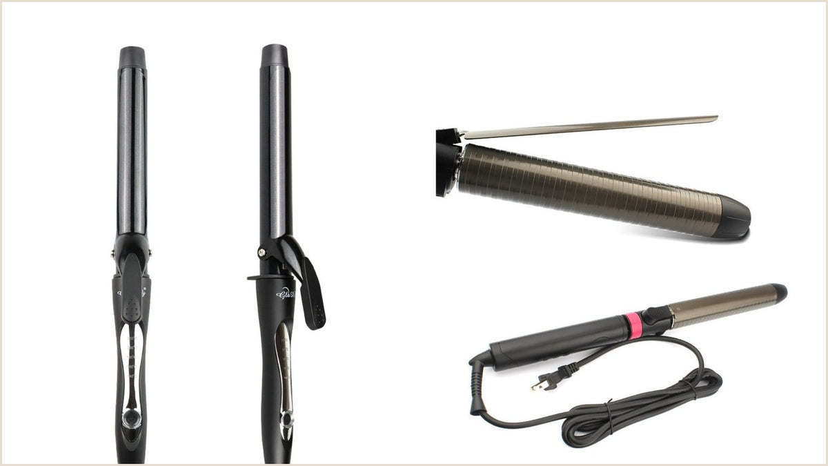Five piece interchangeable barrel curling wand set with large and small ceramic barrels, a flexible pick for the best curling iron for long hair.