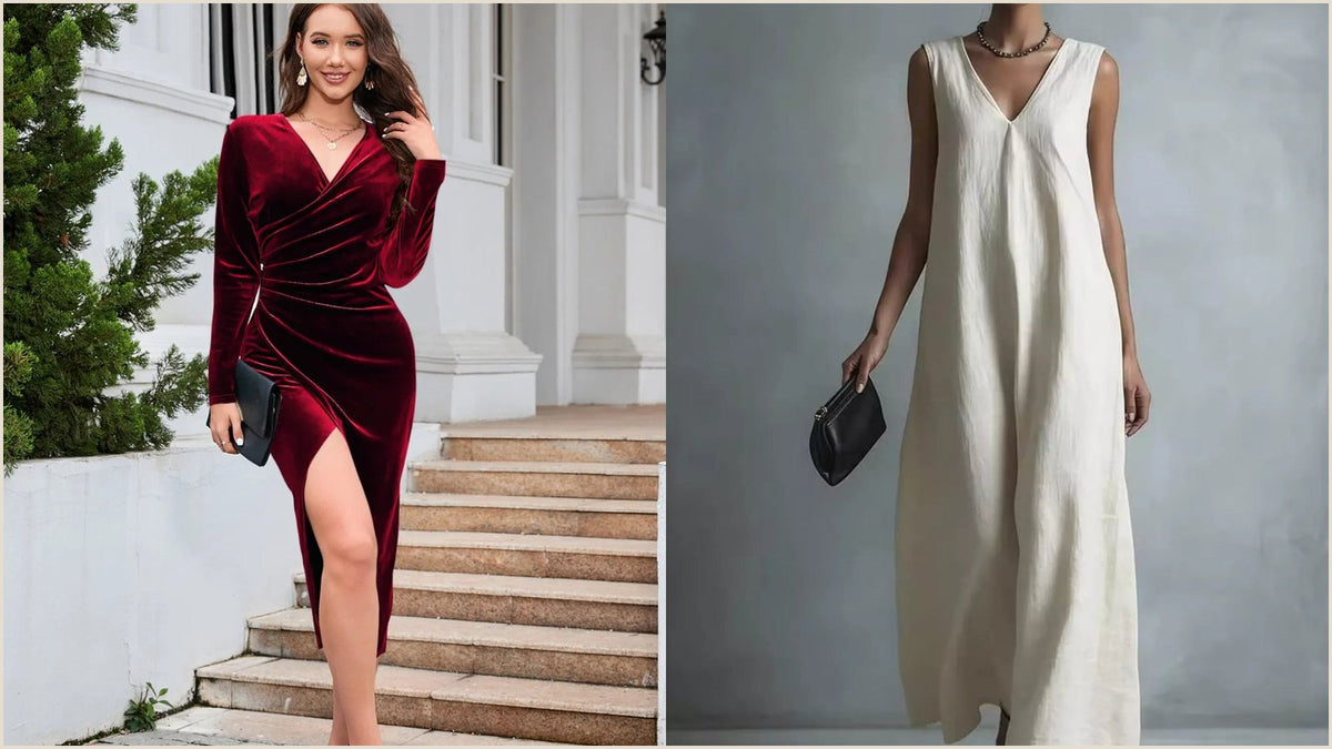 Woman wearing a scoop neck empire waist long sleeve dress, one of the best dresses for apple shape figures because the seam sits just under the bust.