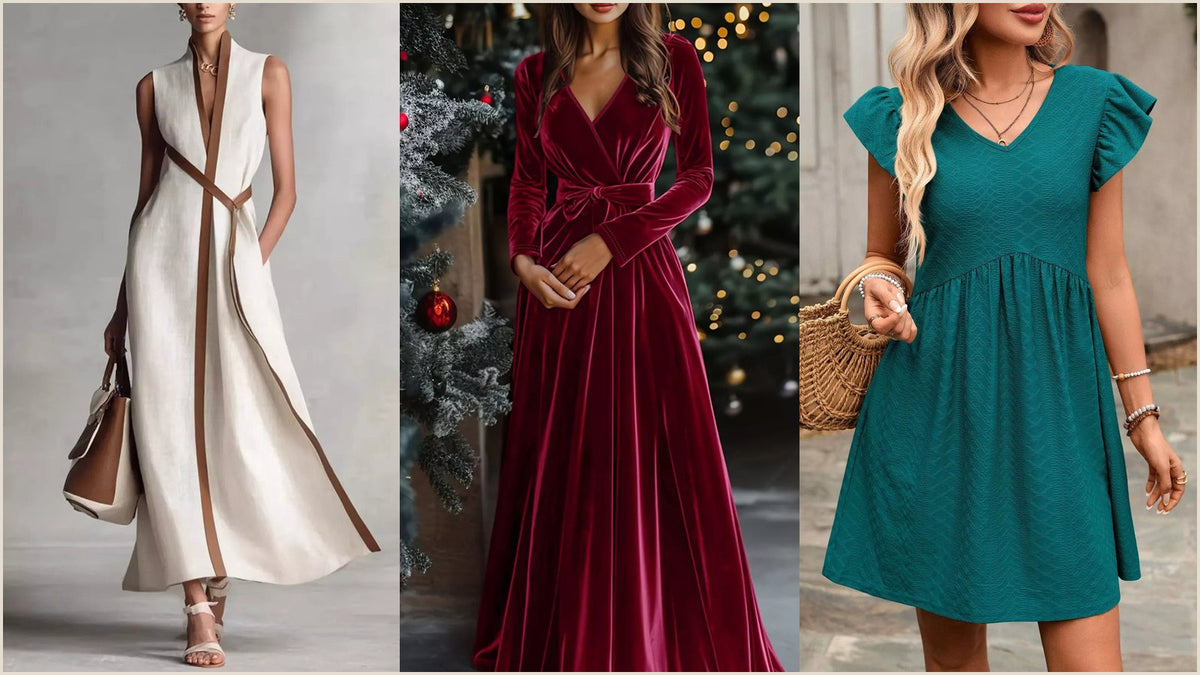 Woman wearing a velvet wrap maxi dress with a surplice neckline, one of the best dresses for pear shape because the wrap waist defines the middle and the skirt skims the hips