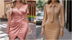 Tan belted puff sleeve midi dress worn by a model, one of the best dresses for a rectangle body shape because the belt marks the waist and the puff sleeves widen the shoulder line.