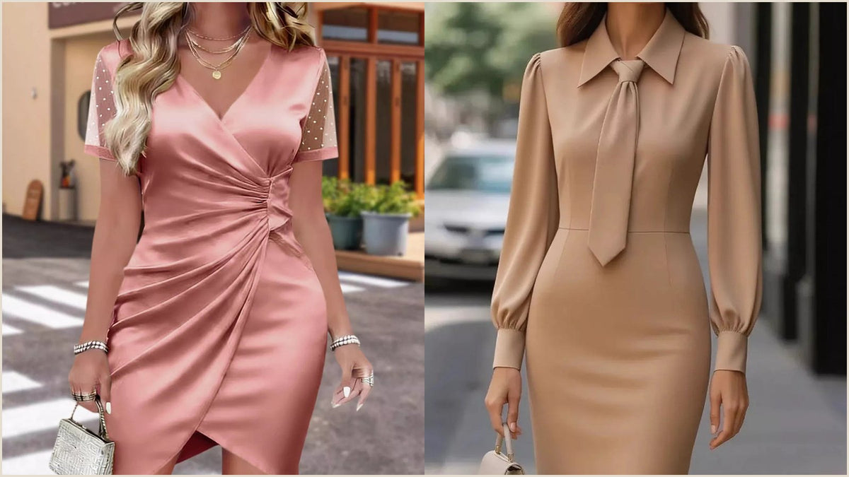 Tan belted puff sleeve midi dress worn by a model, one of the best dresses for a rectangle body shape because the belt marks the waist and the puff sleeves widen the shoulder line.
