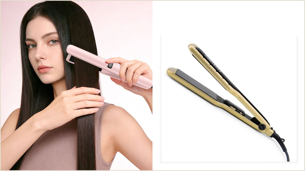 Black wide plate hair straightener with adjustable temperature controls, chosen as a best flat iron for silk press option at Fashorio