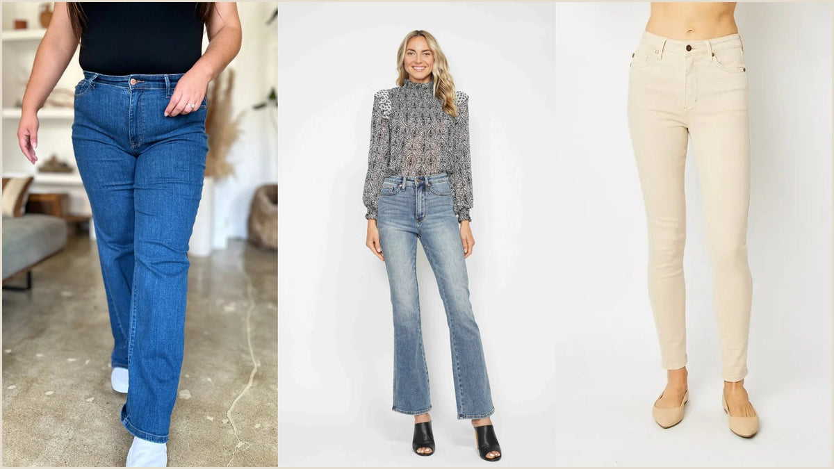 Medium wash high rise straight leg jeans shown front on, an example of the best jeans for hourglass shape with a contoured waistband