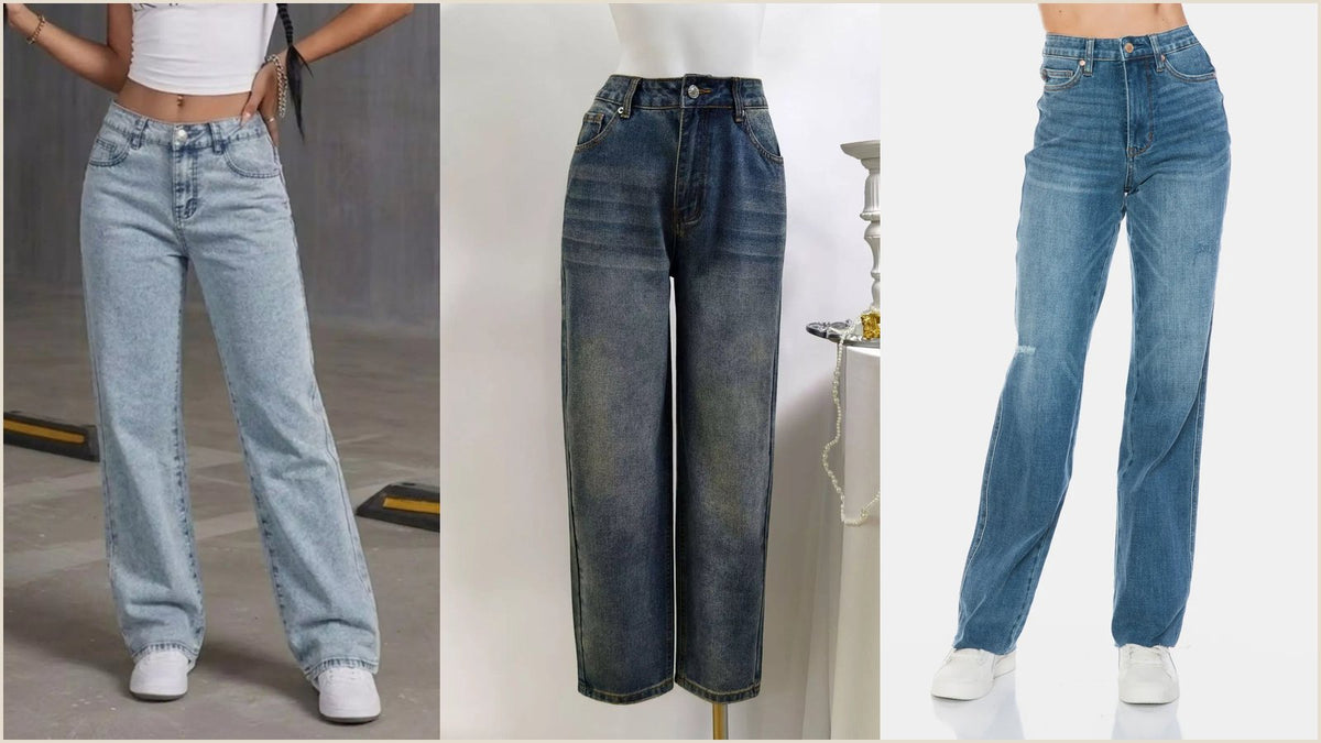 High waisted straight leg jeans in a washed blue denim with a button front and front pockets, one of the best jeans for thick thighs because the leg runs straight from the hip to the hem.