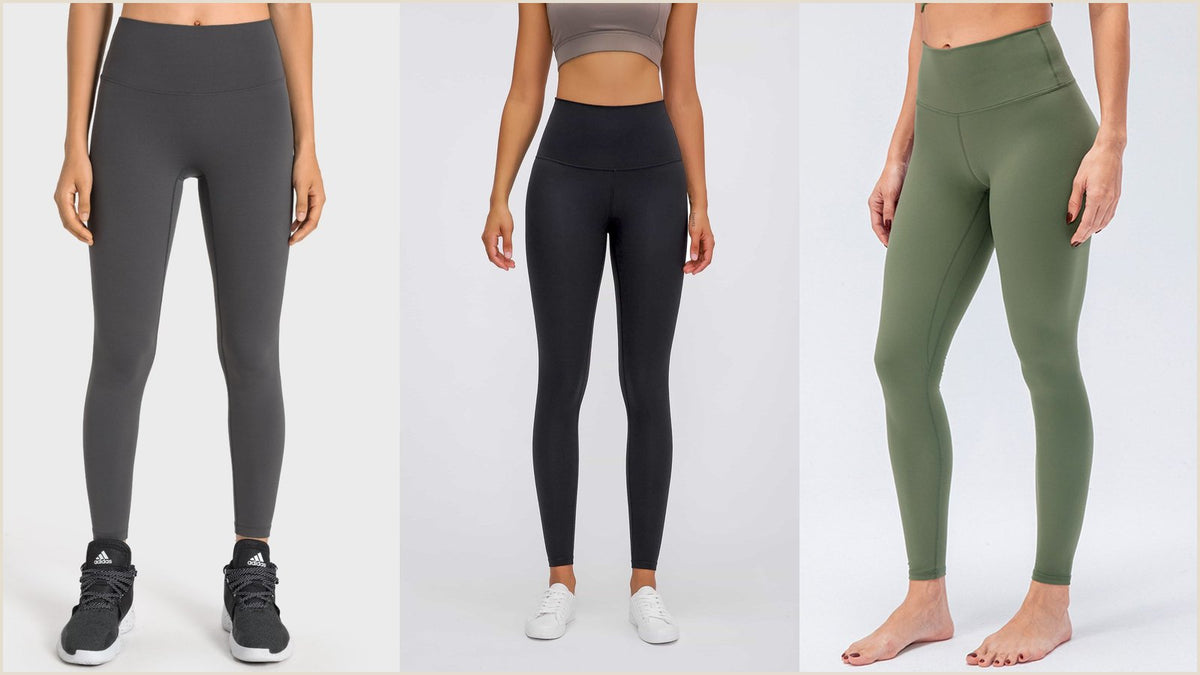 Front view of high rise yoga leggings with a wide smooth waistband, one of the best leggings for tummy control at Fashorio.