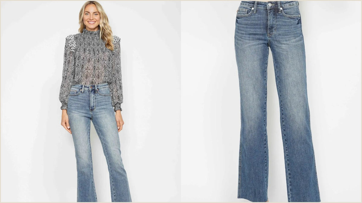 Front view of medium wash straight leg Judy Blue tummy control jeans, one of the best tummy control jeans cuts for everyday wear at Fashorio.
