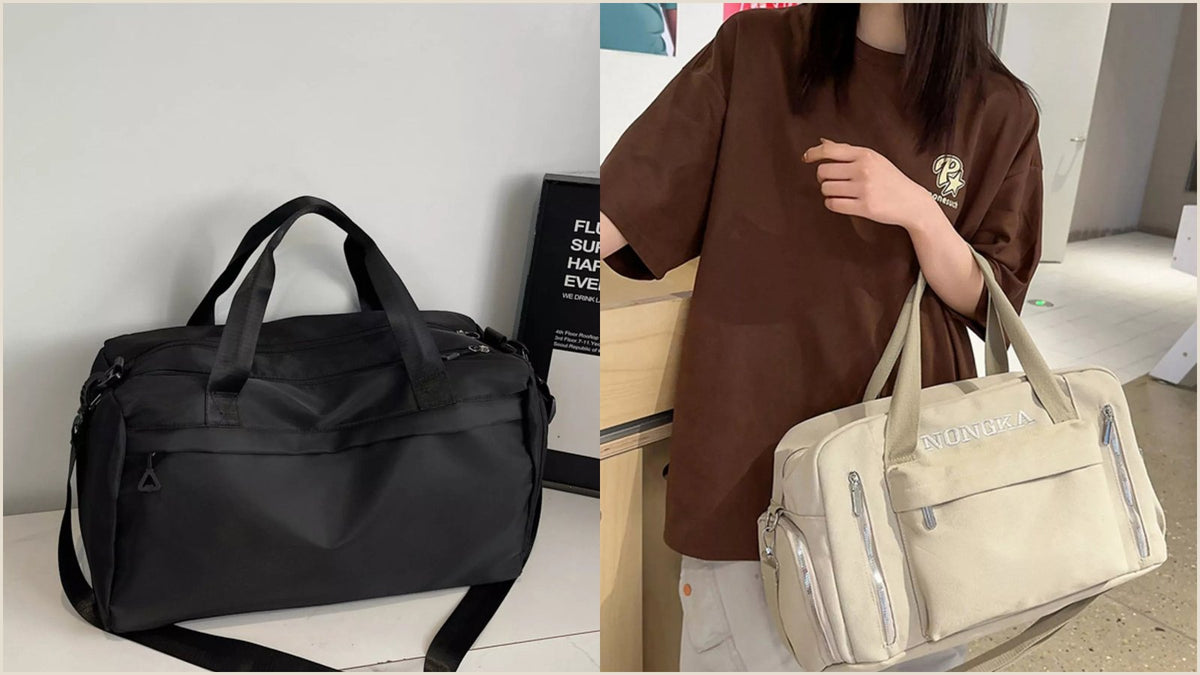 Beige canvas travel duffel bag with multiple outer pockets shown front on, one side of the canvas vs nylon duffel bag choice at Fashorio