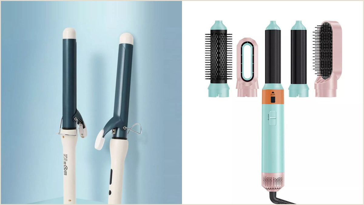 Five interchangeable ceramic curling wand barrels in graduated sizes arranged beside the handle, the kind of tool set that helps when hair won't hold a curl.