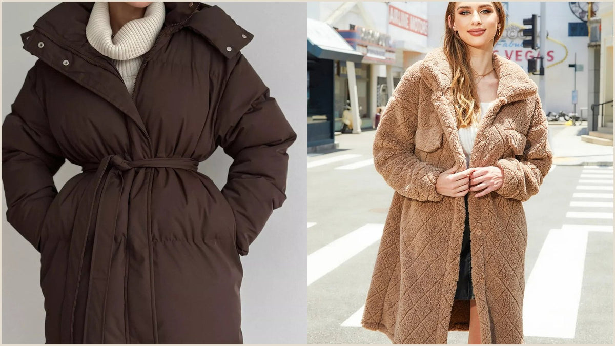 Belted mid length hooded winter coat from Fashorio, showing how should a winter coat fit at the shoulder seam, sleeve hem and waist.