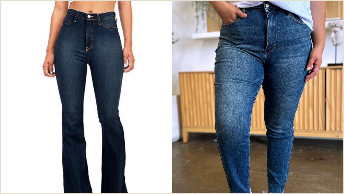 High waist plus size bootcut jeans in a medium blue denim wash, one of the cuts covered in this guide on how to choose plus size jeans.