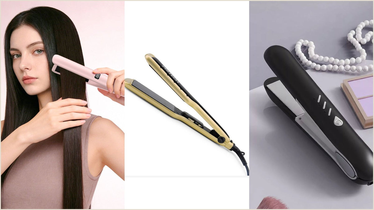 Ceramic plate hair straightener held open to show its flat plates and temperature dial, illustrating how to clean a flat iron safely.
