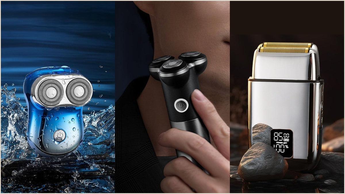 Rechargeable foil electric shaver with a digital battery display and its detachable head, the setup used when you learn how to clean an electric shaver after shaving.