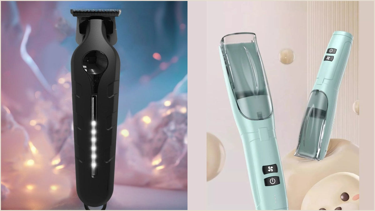 Cordless hair clipper with an LED display shown with its snap on guard combs, the kit you clean hair clippers and oil the blades on after a home haircut