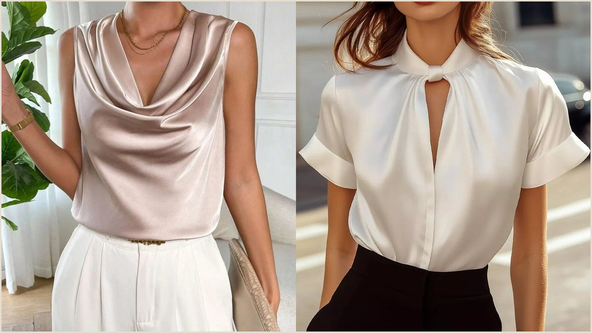 Satin blouses in cowl neck, bow tie and wrap styles, showing how to style a satin top for fall