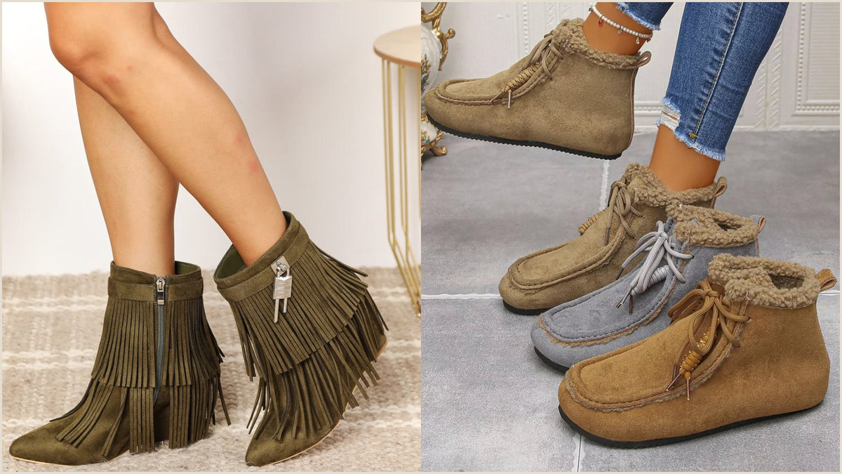 Ankle boots with jeans: block heel, lace up and point toe ankle boots styled with straight and wide leg denim