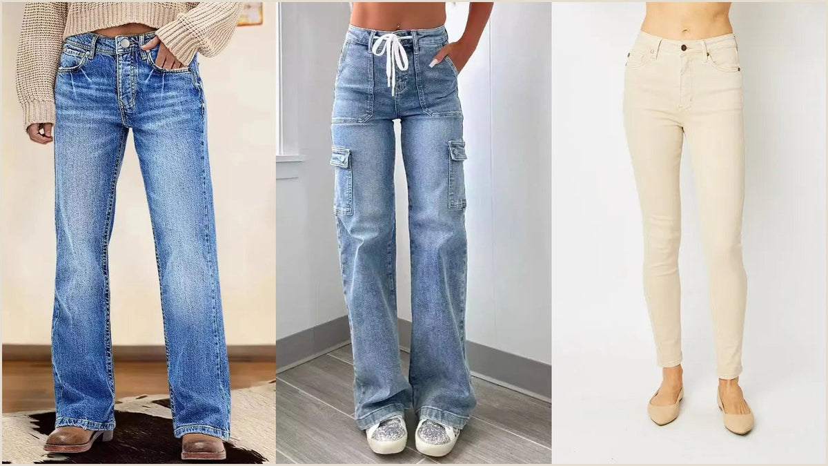High waist bootcut jeans shown at full length, an example of choosing the right inseam length for your height.
