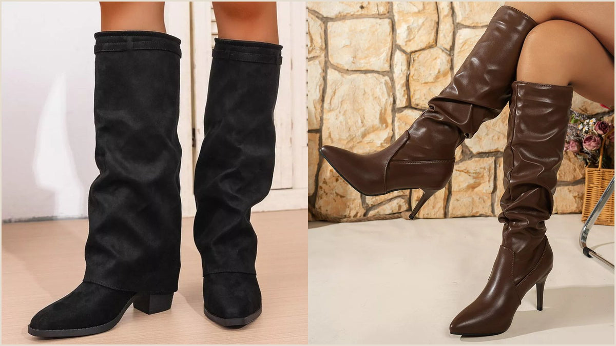 A pair of pointed toe block heel knee high boots for petite women, shown full length with the shaft rising to just under the knee.
