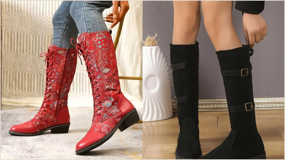 Slouchy knee high boots shown front on, with a soft gathered shaft and low block heel, an easy fitting pair of knee high boots for wide calves