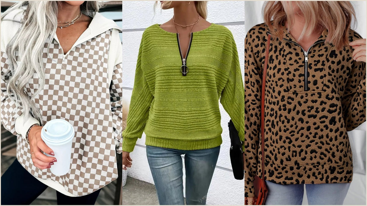 Quarter zip vs half zip: fleece, ribbed knit and checkered quarter zip sweatshirts styled for fall