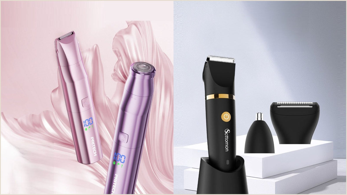 Waterproof epilator grooming set with interchangeable heads and a white rechargeable handle laid out on a plain surface